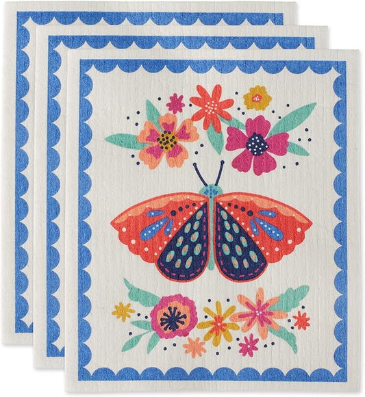 DII Swedish Dishcloths for Kitchen & Cleaning, Reusable, Machine Washable & Dishwasher Safe, Biodegradable, 7.75 x 6.75, Butterfly Folk, 3 Piece