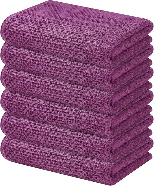 Kitinjoy 100% Cotton Waffle Weave Kitchen Hand Towels (13 X 28 Inches, Violet), 6-Pack Super Soft and Absorbent Dish Towel for Drying Dishes
