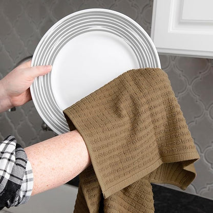 Ritz Royale Collection 100% Combed Terry Cotton, Highly Absorbent, Kitchen Towel Set, 13-3/4" x 12", 4-Pack, Solid & Checked, Mocha