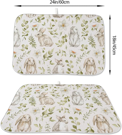 Spring Dish Drying Mat 18x24 Inches For Kitchen Counter Absorbent Easter Green Rabbit Floral Kitchen Decoration Bunny Flower Drying Mat Pad For Home Kitchen,Dining Room,Office Decor