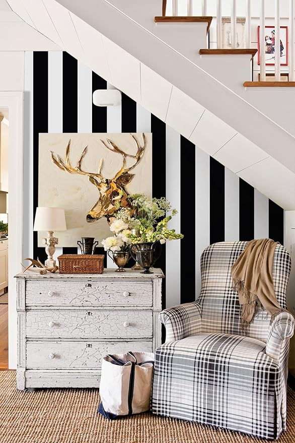 Guvana 472.4"x17.7" Striped Peel and Stick Wallpaper Black and White Self-Adhesive Wallpaper Removable Contact Paper Waterproof Wall Paper for Livingroom Cabinets Shelves Drawer Liner Decor Vinyl Roll