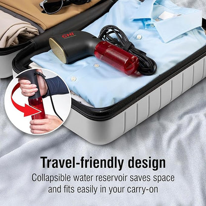 CHI Collapsible Travel 2-in-1 Handheld Garment Steamer & Steam Iron for Clothes, Large 120 ml Water Tank For up to 6 Minutes of Use, Collapses for Compact Storage, Fast Heatup, 10’ Cord, Black (11611)
