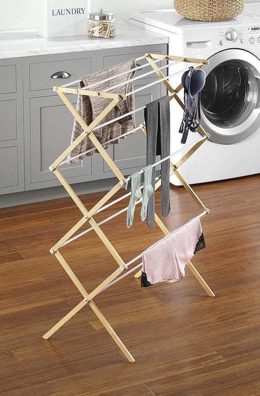 Whitmor Foldable Clothes Drying Rack: 3 Tier Laundry Drying Rack, Collapsible Drying Rack Clothing, Portable Space Saving Clothing Rack for Indoor Outdoor, 17.0“ L x 29.5” W x 43.5“ H, Wood