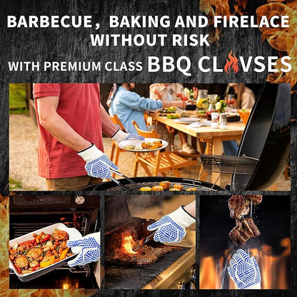 BBQ Gloves, Oven Gloves Extreme Heat & Cut Resistant Oven Mitts with Fingers for BBQ, Cooking, Grilling, Baking Grilling Gloves Silicone Non-Slip Oven Mitts, Kitchen Gloves (Blue)