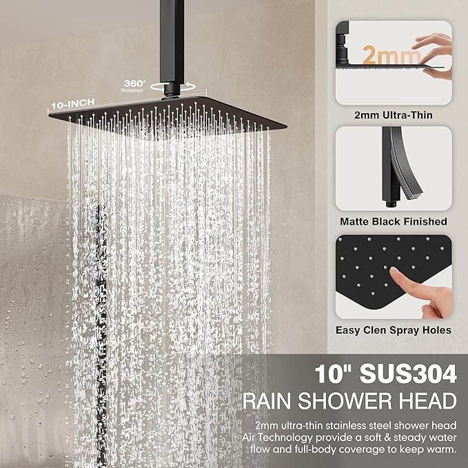 Black Shower System, Shower Faucet Set with 3 In 1 Push Button Valve, Shower Faucet included 10" Ceiling Shower Head and 8" Wall-Mount Shower Head with Handheld Spray, Matte Black