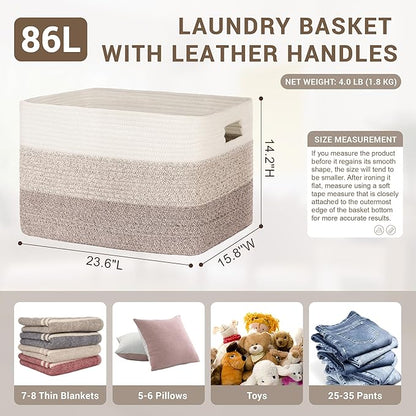 86L Extra Large Laundry Basket with Leather Handles for Living Room Storage,Woven Rope Baskets for Blanket,Kids Toy,Gifts,Wicker Hamper for Bedroom Dirty Clothes,24"x16"x14"Gradient Brown