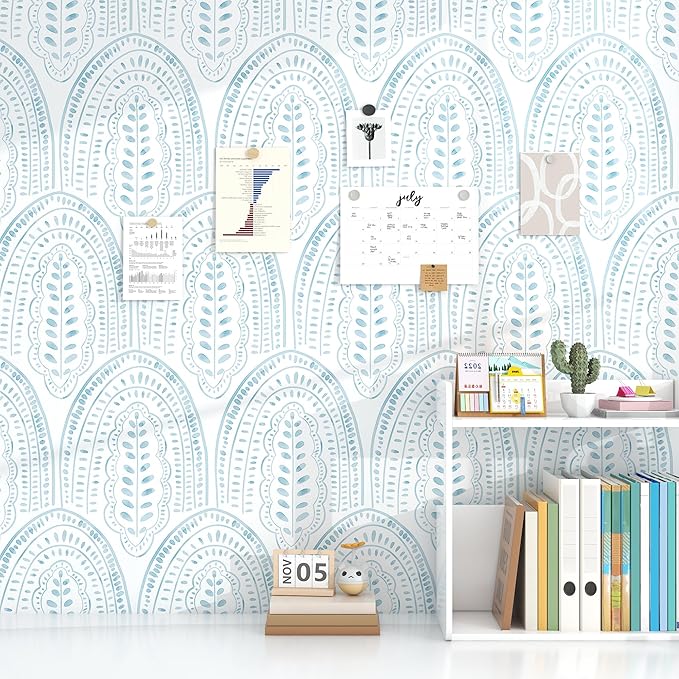 Modern Peel and Stick Wallpaper Boho Contact Paper 17.3''×78.8'' Self Adhesive Removable Wallpaper Peel and Stick Wall Paper Blue and White Wallpapers for Bedroom Bathroom Cabinets Decor Vinyl