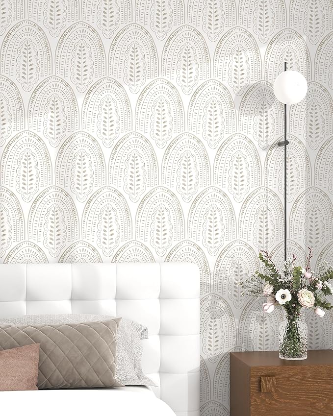 Modern Peel and Stick Wallpaper Boho Contact Paper 17.3''×118'' Self Adhesive Removable Wallpaper Peel and Stick Wall Paper Beige and White Wallpapers for Bedroom Bathroom Cabinets Decor Vinyl