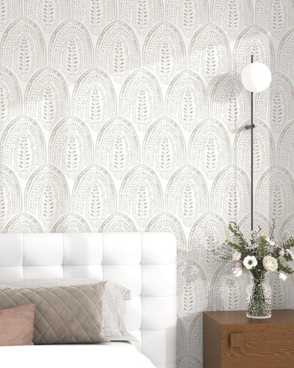 Modern Peel and Stick Wallpaper Boho Contact Paper 17.3''×393'' Self Adhesive Removable Wallpaper Peel and Stick Wall Paper Beige and White Wallpapers for Bedroom Bathroom Cabinets Decor Vinyl