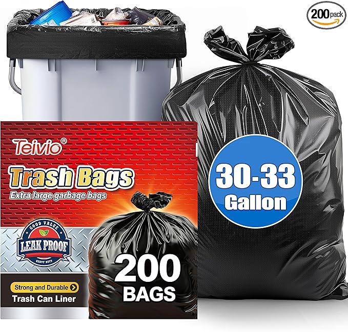 30-33 Gallon 200 Counts Large Black Trash Bags All Purpose Garbage Bags by Teivio, Large Trash Can Liners for Home, Kitchen, Office, Light Residential or Commercial Waste, Outdoor Lawn and Leaf Bags