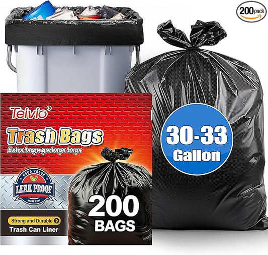 30-33 Gallon 200 Counts Large Black Trash Bags All Purpose Garbage Bags by Teivio, Large Trash Can Liners for Home, Kitchen, Office, Light Residential or Commercial Waste, Outdoor Lawn and Leaf Bags