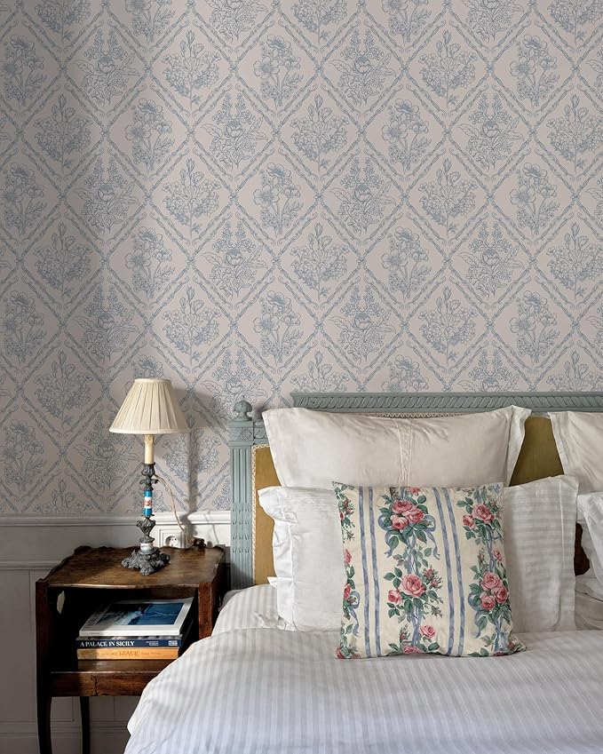 Toduso Peel and Stick Wallpaper Vintage Wall Paper Boho Contact Paper Blue Removable Wallpaper for Kitchen Bathroom Bedroom Floral Waterproof Self Adhesive Vinyl Drawer Decor 17.3"x393.7"