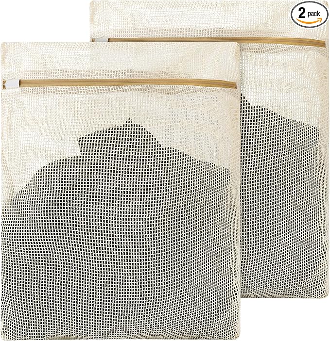 2 Pack Natural Cotton Mesh Laundry Bags, 16x20" Breathable Laundry Garment Bag with Sturdy Zipper, Gentle Wash Bags for Delicates Lingerie Clothes, Versatile Travel Storage Bag for Essentials Bra Sock