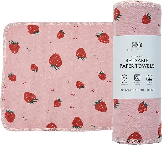 Reusable Paper Towel Rolls 20 Pack,Washable Napkin Cloth Value Set of 20 Pack of Paperless Towel-100% Cotton, Super Soft, Absorbent Made to Last (Strawberry jam, 9.84 * 11.81)
