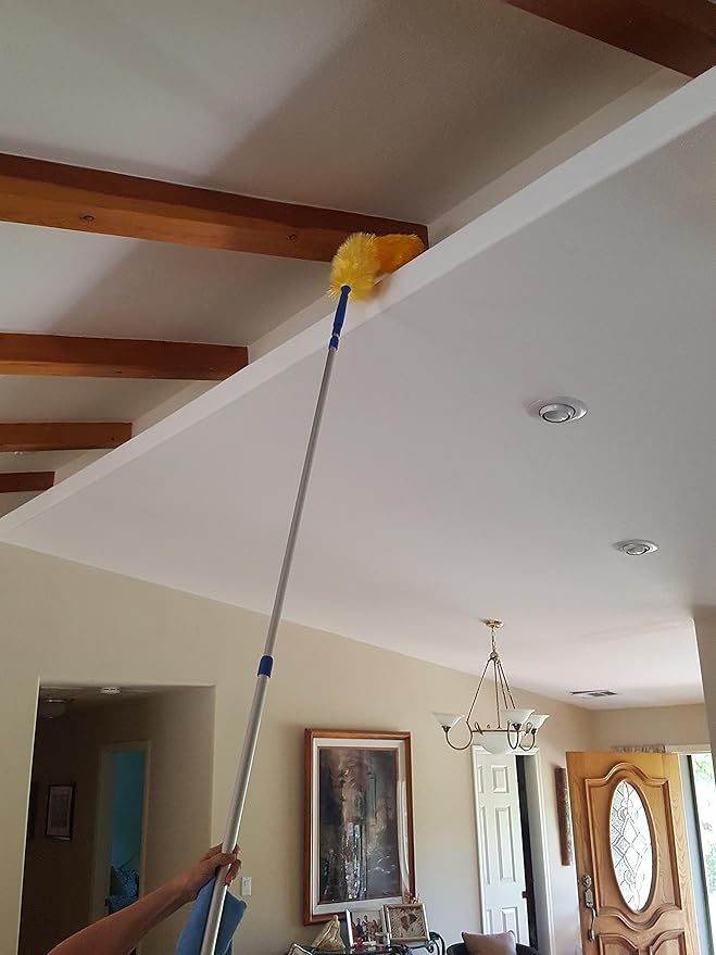 High Ceiling Cobweb Duster and Pole | Ceiling Fan Cleaner Extendable Duster | Nylon Telescoping Long Handle Extension Duster For Cleaning Spider Webs | Lightweight, 3-Stage Aluminum Pole
