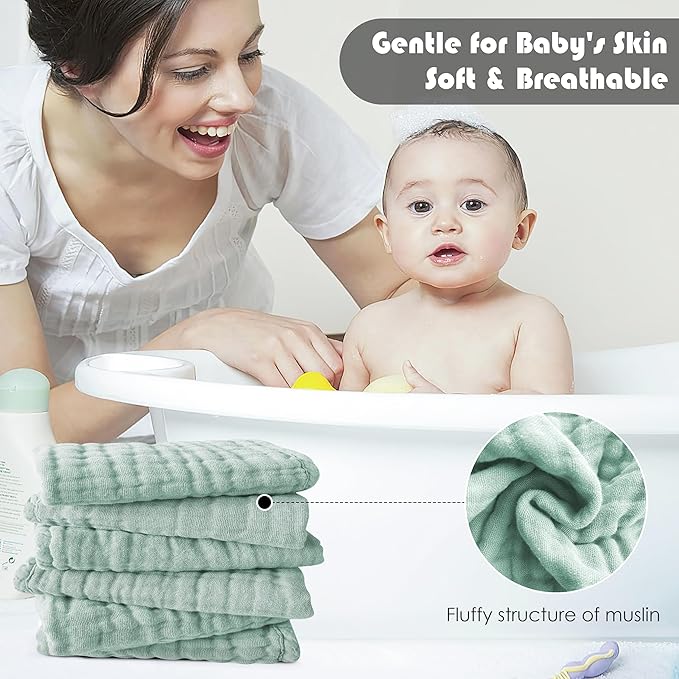 12 Pack Muslin Washcloths for Baby - 100% Cotton Baby Wash Cloths for or Baby Face Body Comfy and Soft for Newborn Infants Kids Girls and Boys - 12"x12" - Green