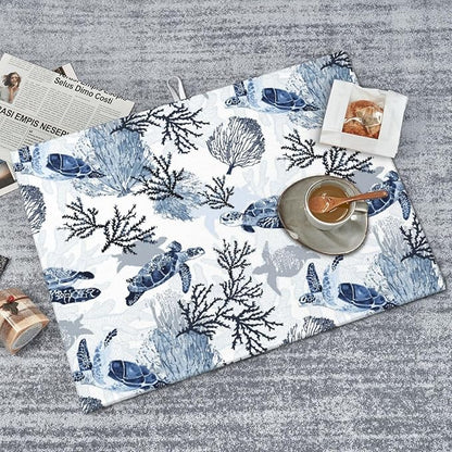 Navy Blue White Sea Turtle & Coral Dish Drying Mats for Kitchen Counter & Sink, Absorbent Microfiber Drying Pad for Dishes, Foldable Nautical Kitchen Mat for Dining Area & Home Decor, 18" x 24"