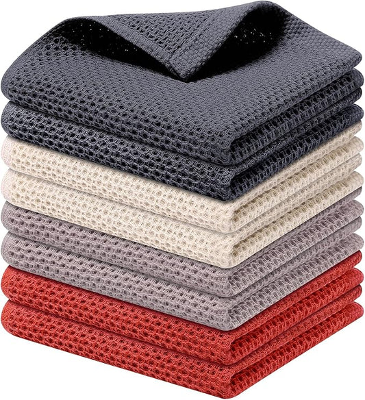 Kitinjoy 100% Cotton Kitchen Dish Cloths (12 X 12 Inches, Multicolor), 8 Pack Waffle Weave Ultra Soft Absorbent Dish Towels for Drying Dishes Quick Drying Kitchen Towels Dish Rags