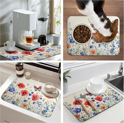 Patriotic Dish Drying Mats for Kitchen Counter 4th of July Kitchen Dishes Dryer Pad Red Blue Flowers Absorbent Dish Mat Microfiber Washable Foldable Reusable Large 18x24 in