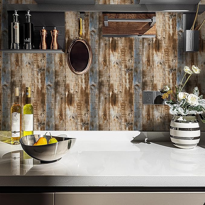 LXCREAT Faux Wood Butcher Block Contact Paper Shiplap Peel and Stick Wallpaper Wooden Planks for Walls 17.5"X393.7" Natural Brown Self Adhesive Removable Rustic Wallpaper for Shelf Kitchen Decoration