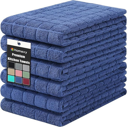 Homaxy Premium Cotton Kitchen Towels 16"x 28", Large Natural Ring Spun 390 GSM Dish Towels, Super Absorbent Terry Kitchen Hand Towels, Soft Tea Towels with Hanging Loop, Pure Navy Blue Design, 6 Pack
