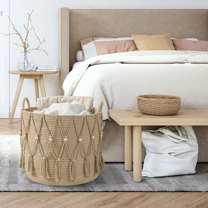 Blanket Basket for Living Room Decor Storage Basket for Toy Organizer Boho Decor Baskets for Modern Farmhouse Decor Small Laundry Basket for Bedroom and Laundry Room Organization,Beige