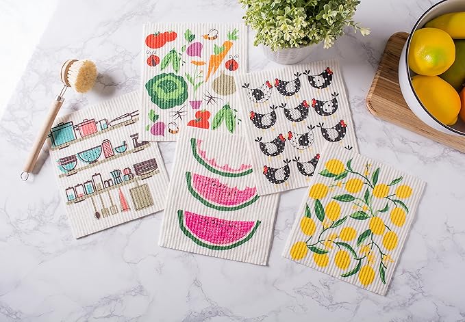 DII Swedish Dishcloths for Kitchen & Cleaning, Reusable, Machine Washable & Dishwasher Safe, Biodegradable, 7.75 x 6.75, Lemons, 3 Piece