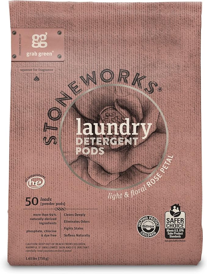 Grab Green Stoneworks Laundry Detergent Pods and Dryer Sheet Bundle (Rose Petal) | 80 Count