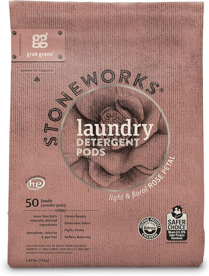 Grab Green Stoneworks Laundry Detergent Pods and Dryer Sheet Bundle (Rose Petal) | 80 Count