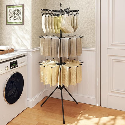 COSTWAY 3-Tier Clothes Drying Rack, Foldable Garment with 32 Hanging Rods & 24 Clips, 360° Rotatable Arms & Detachable Clip Rack, Collapsible Tripod Drying Rack for Laundry Room & Balcony, Black