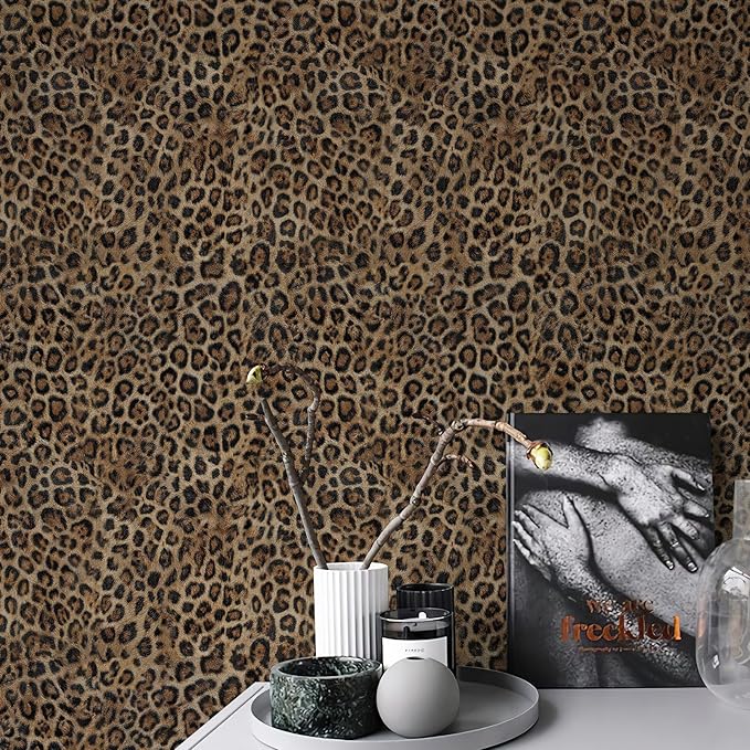 JiffDiff Upgrade Leopard Print Peel and Stick Wallpaper, 17.3" x 800" Waterproof Removable Self Adhesive Wallpaper, Brown Unique Funky Cheetah Contact Paper for Bedroom, Bathroom, Decor