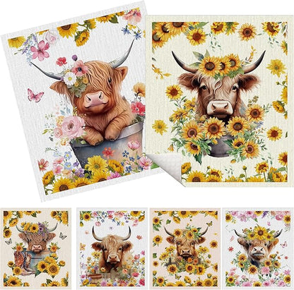 Swedish Dishcloths for Kitchen, 6 Pack Sunflower Highland Cow Swedish Dish Cloths for Washing Dishes, Reusable Washable Absorbent Dish Towels for Home Kitchen Cleaning Quick Drying