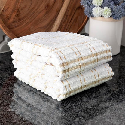 Ritz Royale Collection 100% Combed Terry Cotton, Highly Absorbent, Oversized Kitchen Towel Set, 28" x 18", 2-Pack, Checked, Straw