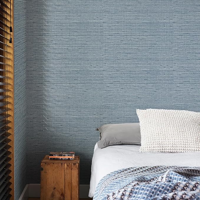 Simon&Siff Grey Blue Textured Grasscloth Peel and Stick Wallpaper 17.7"x394" Faux Grassweave Wallpaper Waterproof Self Adhesive Removable Wallpaper Mural for Home Decor Bedroom Kitchen Cabinet