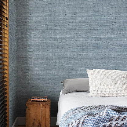 Simon&Siff Grey Blue Textured Grasscloth Peel and Stick Wallpaper 17.7"x394" Faux Grassweave Wallpaper Waterproof Self Adhesive Removable Wallpaper Mural for Home Decor Bedroom Kitchen Cabinet
