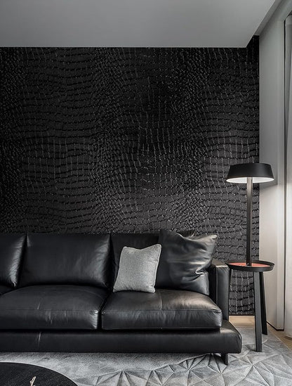 Peel and Stick Wallpaper Black Crocodile Wall Paper Modern Textured Self-Adhesive Removable Contact Paper Thicken Waterproof Easy to Clean Decorative for Bedroom Bathroom Film 197 "x15.75