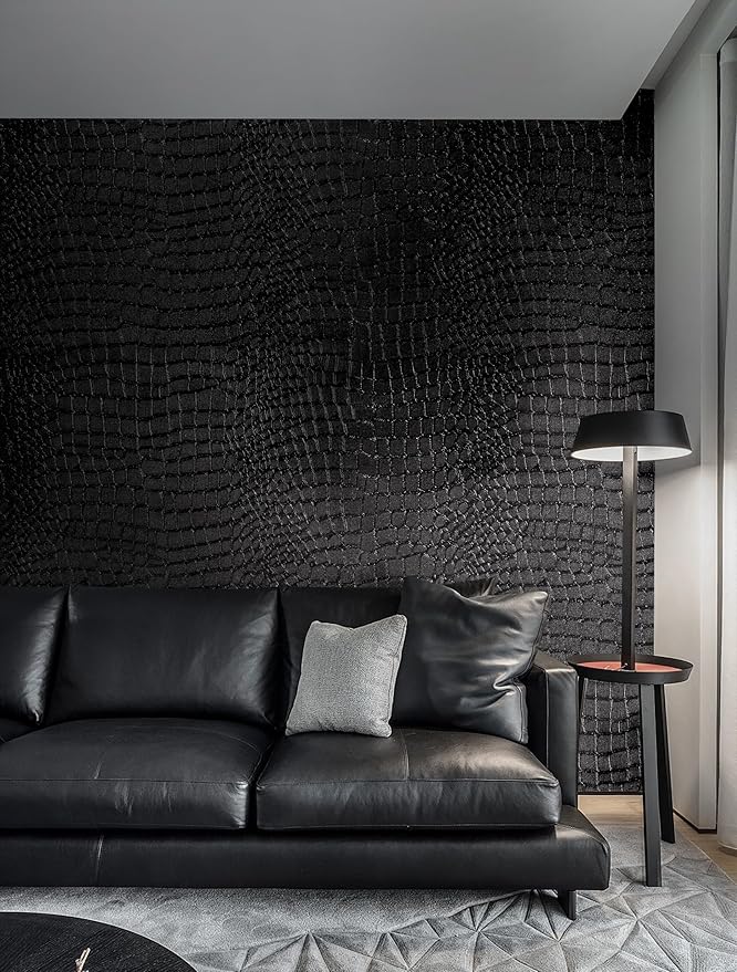 Peel and Stick Wallpaper Black Crocodile Wall Paper Modern Textured Self-Adhesive Removable Contact Paper Thicken Waterproof Easy to Clean Decorative for Bedroom Bathroom Film 394 "x15.75