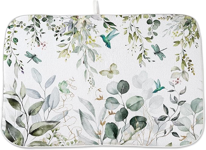 Spring Dish Drying Mat 18x24 Inches For Kitchen Counter Absorbent Green Floral Birds Leaves Kitchen Decor Drying Mat Summer Flower Decorative Pad For Home Kitchen Decor,Dining Room,Office Decor