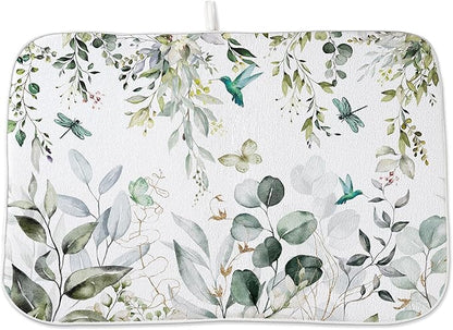 Spring Dish Drying Mat 18x24 Inches For Kitchen Counter Absorbent Green Floral Birds Leaves Kitchen Decor Drying Mat Summer Flower Decorative Pad For Home Kitchen Decor,Dining Room,Office Decor