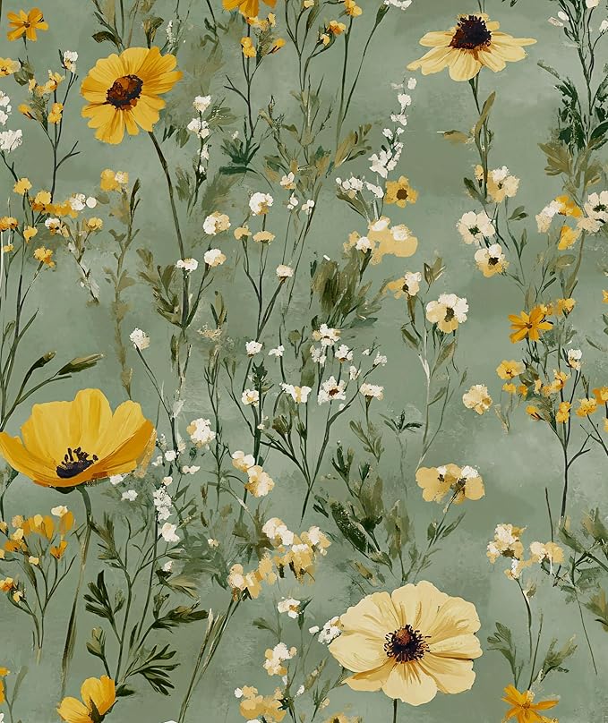 Laatse Vintage Daisy Wallpaper Peel and Stick, Green Yellow Floral Contact Paper, Botanical Wall Paper Self Adhesive Removable Waterproof for Bathroom Bedroom Shelf Cabinet Drawer Table 17.5" x 118"