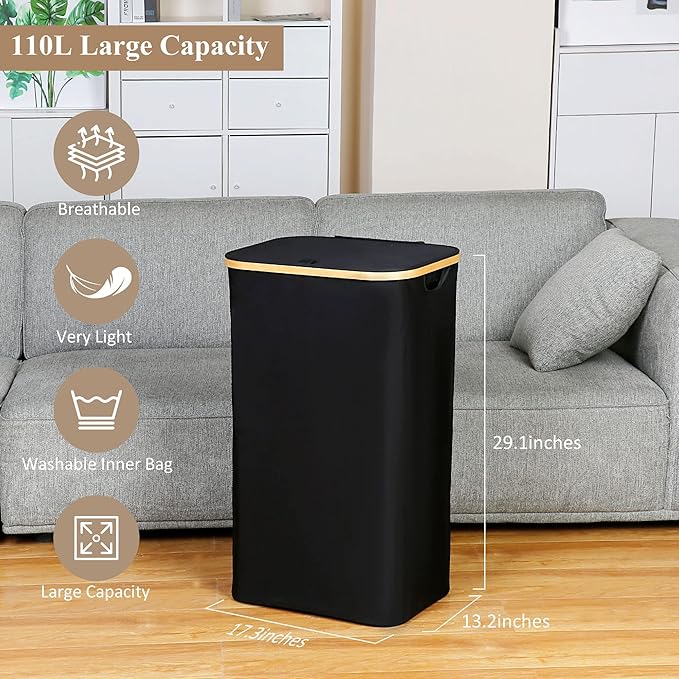 Laundry Hamper with Lid, 110L Large Laundry Basket with Handle, Collapsible Clothes Basket Organizer with Removable 2 Inner Bag for Clothes Toys Towels - Black