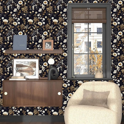 Floral Peel and Stick Wallpaper Vintage Black gold Flower Contact Paper Vinyl Waterproof Self Adhesive Removable Retro Decor Dark Botanical Wall Paper for Bedroom Walls Bookcase Drawers 17.5" x 393"