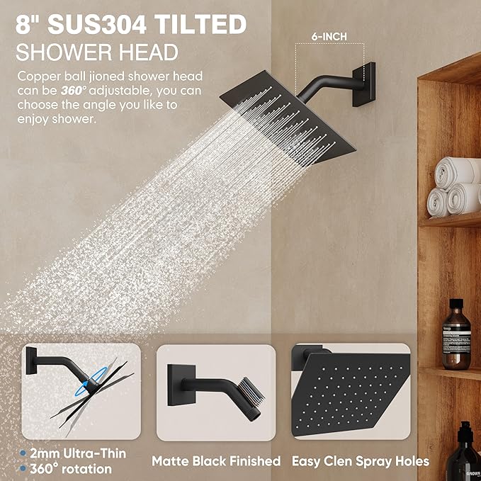 Black Shower System, Shower Faucet Set with 3 In 1 Push Button Valve, Shower Faucet included 10" Ceiling Shower Head and 8" Wall-Mount Shower Head with Handheld Spray, Matte Black