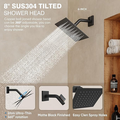 Black Shower System, Shower Faucet Set with 3 In 1 Push Button Valve, Shower Faucet included 10" Ceiling Shower Head and 8" Wall-Mount Shower Head with Handheld Spray, Matte Black