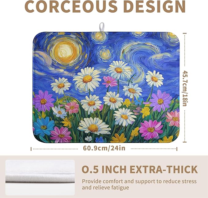 Spring Summer Daisy Floral Dish Drying Mats Spring Flowers Dish Mat Drying Matt Starry Sky Dishes Dryer Pad for Kitchen Counter Absorbent Microfiber Washable Foldable Reusable 18x24 in