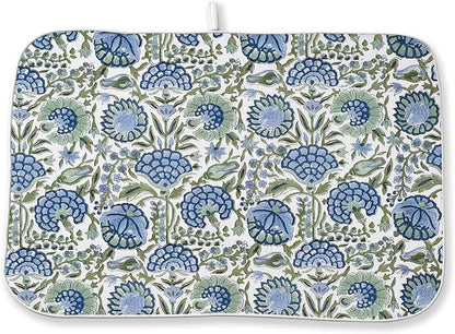 Boho Navy Blue Sage Green Dish Drying Mat 18x24 Inch Vintage Floral Drying Mat Chinoiserie Flower Spring Summer Absorbent Dish Drying Pad Dish Rack Drainer Mats for Kitchen Dining Counter
