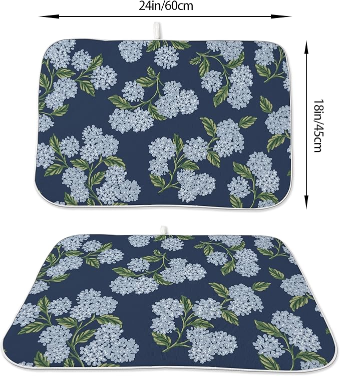 Spring Dish Drying Mat 18x24 Inches For Kitchen Counter Absorbent Blue Hydrangea Floral Kitchen Decoration Summer Flower Drying Mat Pad For Home Kitchen,Dining Room,Office Decor