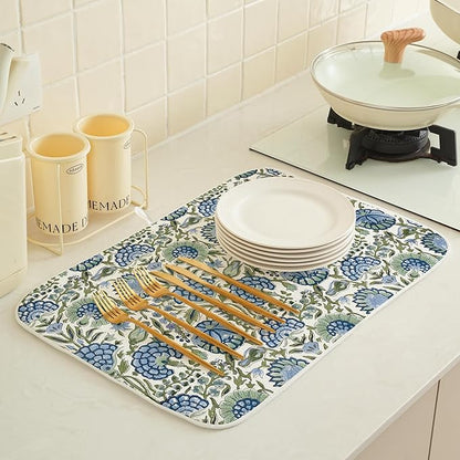 Blue Sage Green Floral Dish Drying Mats 18x24 Inch Sage Green Block Print Flower Holiday Kitchen Decor Absorbent Drying Pad Rack Drainer Mats for Kitchen Dining Room Counter