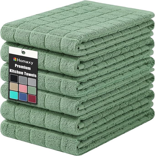 Homaxy Premium Cotton Kitchen Towels 16"x 28", Large Natural Ring Spun 390 GSM Dish Towels, Super Absorbent Terry Kitchen Hand Towels, Soft Tea Towels with Hanging Loop, Pure Grass Green, 6 Pack