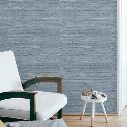 Simon&Siff Grey Blue Textured Grasscloth Peel and Stick Wallpaper 17.7"x394" Faux Grassweave Wallpaper Waterproof Self Adhesive Removable Wallpaper Mural for Home Decor Bedroom Kitchen Cabinet